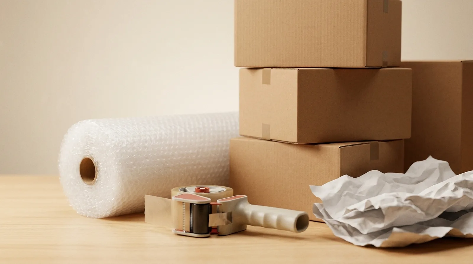 Verhuismateriaal — verhuisdozen, noppenfolie, tape en inpakpapier