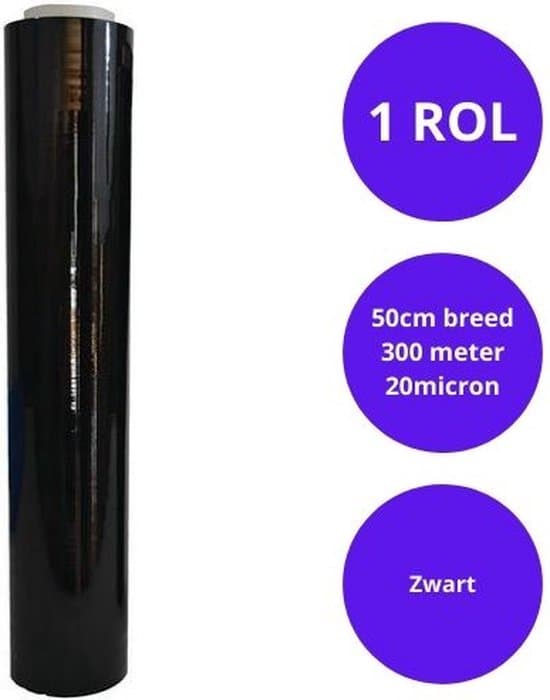 Handwikkelfolie - rekfolie - stretchfolie - inpakfolie - pallet folie - zwart- 50cm x 300m - 20 micron - 1 rol